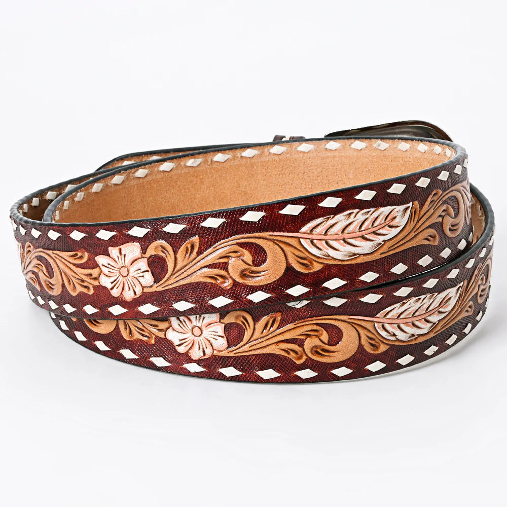 American Darling Women's Hand-Tooled Belt - White Feather & Flower Deisgn