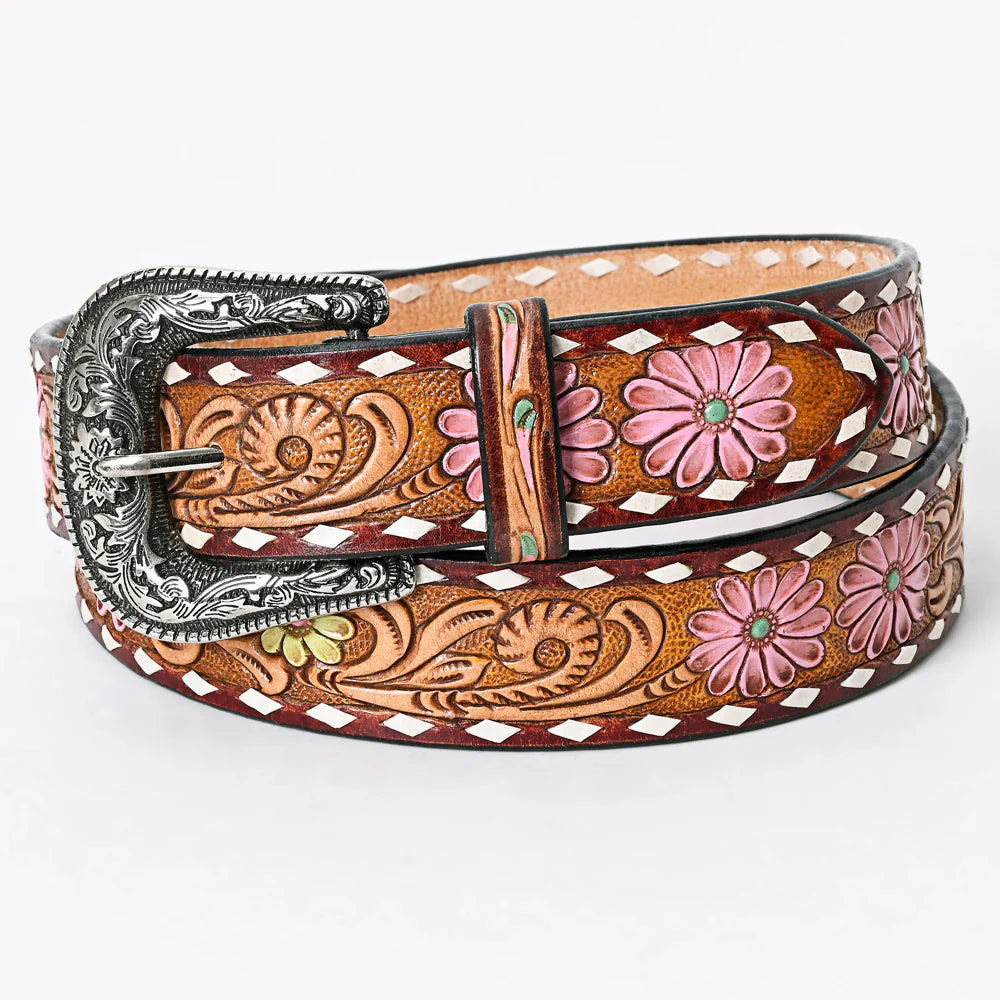 American Darling Women's Hand-Tooled Belt - Pink Flowers