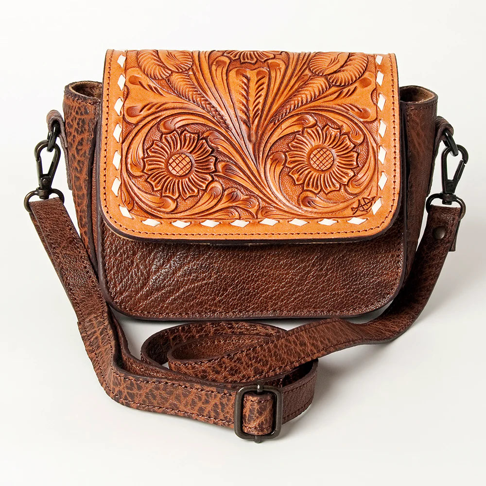 American Darling Hand Tooled Flap Leather Crossbody Purse - Tan/Chocolate