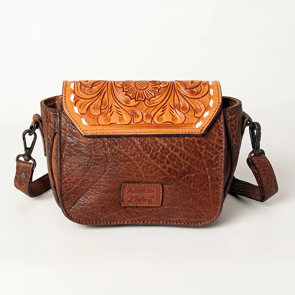 American Darling Hand Tooled Flap Leather Crossbody Purse - Tan/Chocolate