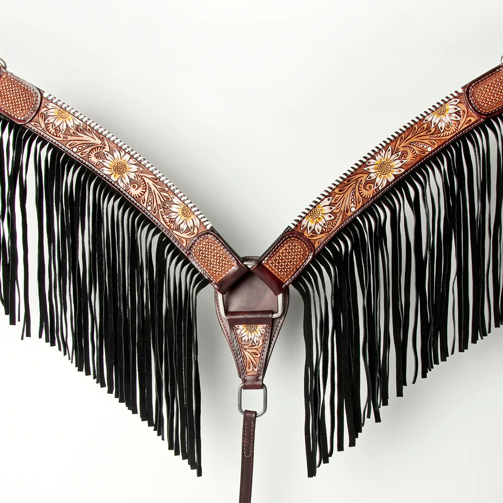 American Darling Floral Tooled Breast Collar w/Fringe - Tan/White