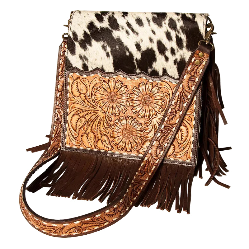 American Darling Hair On Cowhide Hand Tooled Crossbody