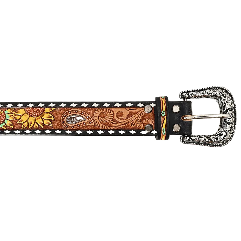 American Darling Tooled Leather Belt - Sunflower Design with White Edges - Brown/Yellow - Irvine Tack & Western Wear