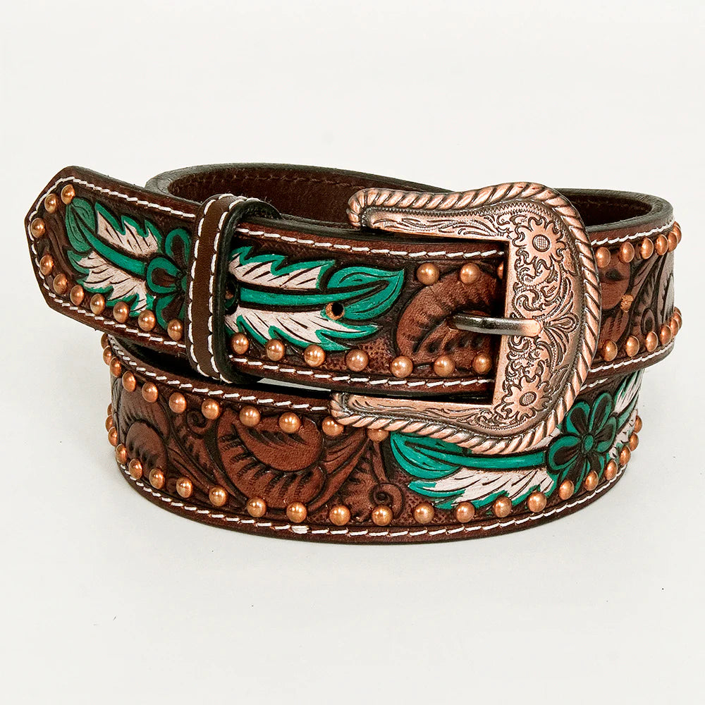 Bar H Hand Painted Western Leather Belt - Brown/Teal Feather & Copper Studs - Irvine Tack & Western Wear