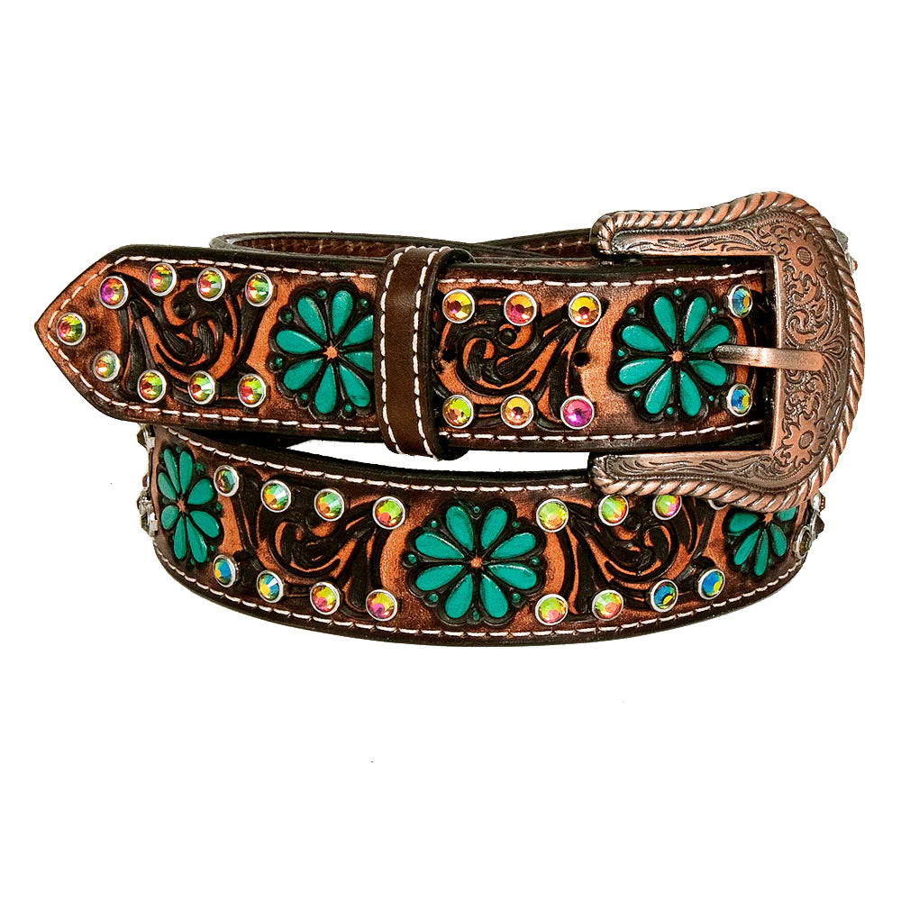 Bar H Women's Hand Carved Western Leather Belt - Turquoise Flower Stamps & Rhinestones