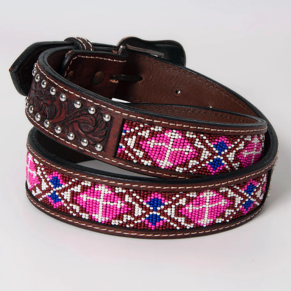 Bar H Western Beaded Inlay Leather Belt - Antique Brown w/Red/White/Cream