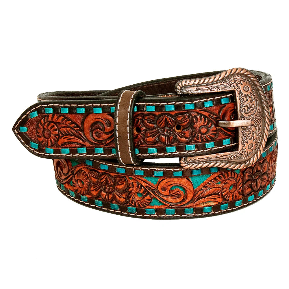 Bar H Tooled Leather Belt Brown Tooled Flowers with Turquoise Edge