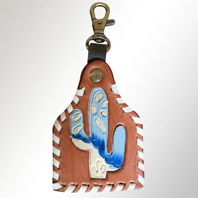 American Darling Hand-Tooled Leather Keyring Blue & Ivory Cactus with White Laced Border