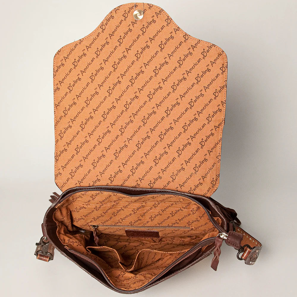 American Darling Hair On Hand Tooled Large Messenger Bag w/Fringe - Brown