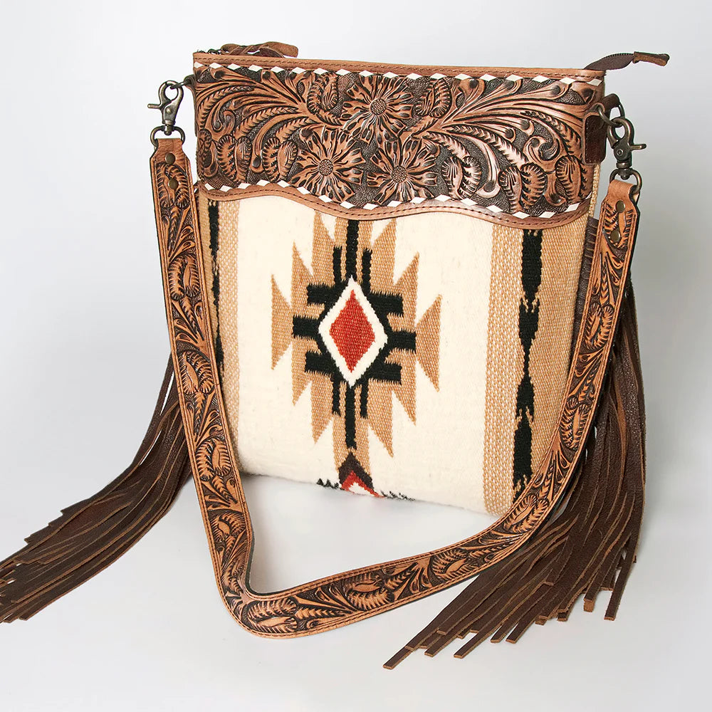 American Darling Hand Tooled Saddle Blanket Purse Cream White Black