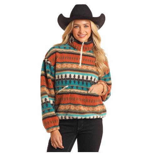 Panhandle Women's Aztec Print 1/4 zip Sherpa-Turquoise