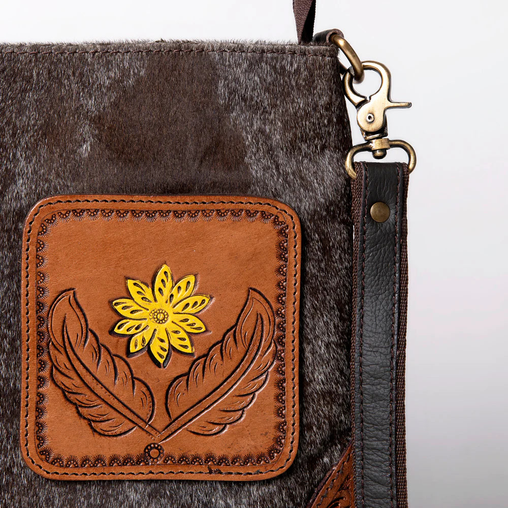 Ohlay Hand Tooled Hair On Large Crossbody Purse - Brown/Yellow