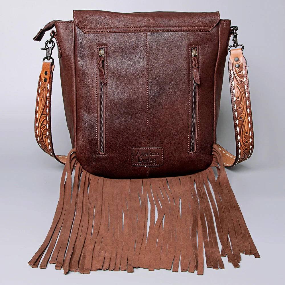American Darling Hair On Hand Tooled Large Messenger Bag w/Fringe - Brown