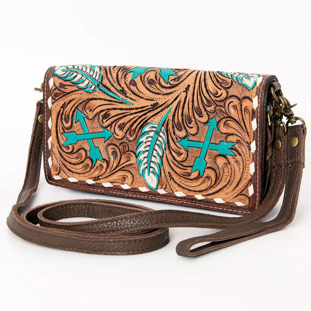American Darling Hand Tooled Feather Arrow Cross Flap Crossbody Purse - Tan/Turquoise