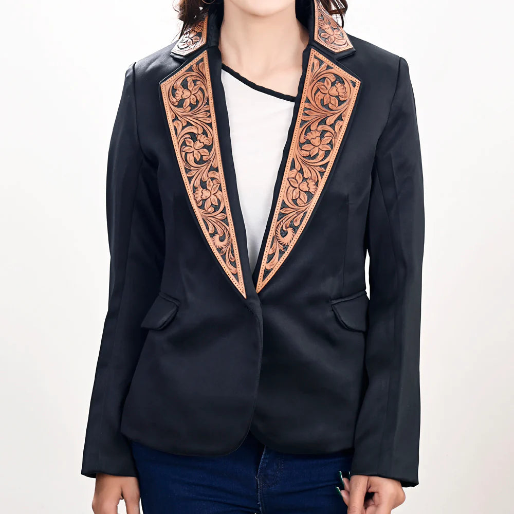 American Darling Women's Blazer w/Leather Lapels - Black w/Tan & Black Inlay