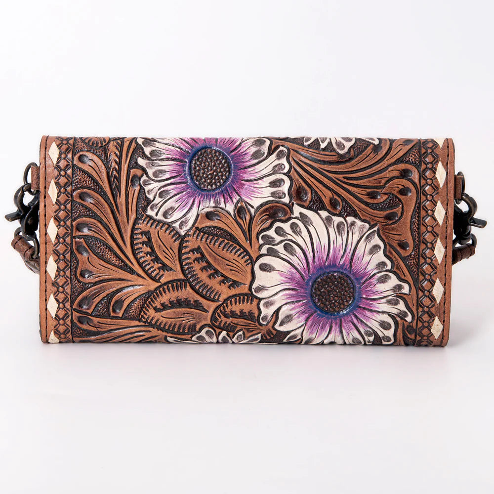 American Darling Leather Hand-Tooled Crossbody Purse - Chocolate w/Purple Flowers