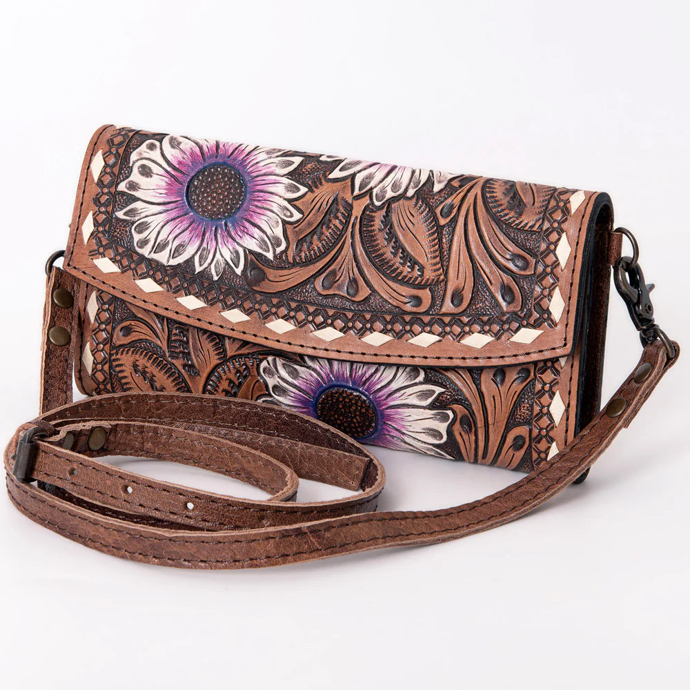 American Darling Leather Hand-Tooled Crossbody Purse - Chocolate w/Purple Flowers