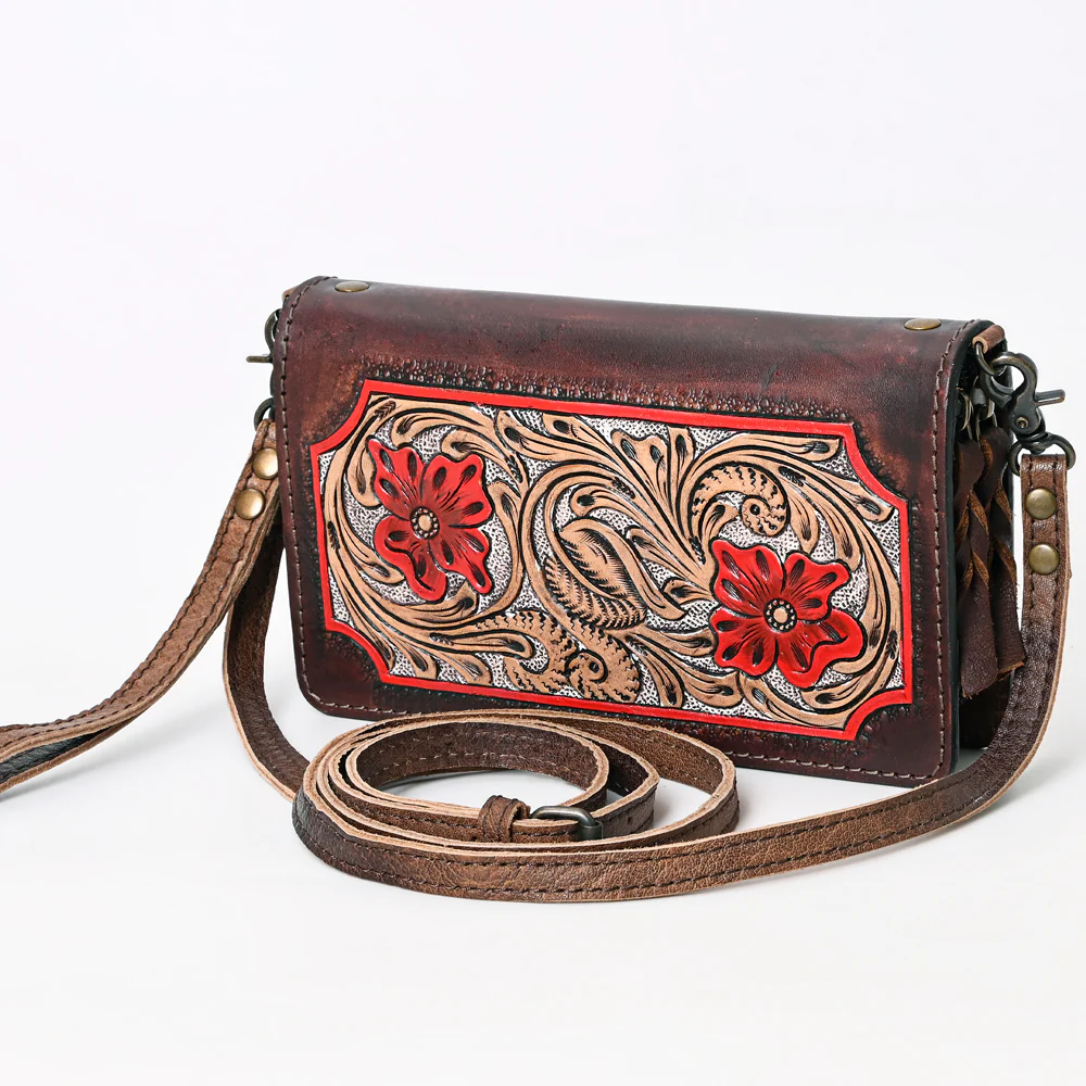 American Darling Hand Tooled Crossbody Purse w/ Red Floral Accents