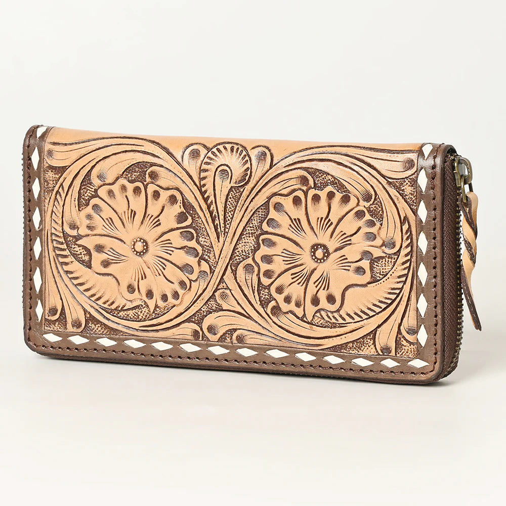 American Darling Leather Hand-Tooled Zip-Up Wallet - Tan