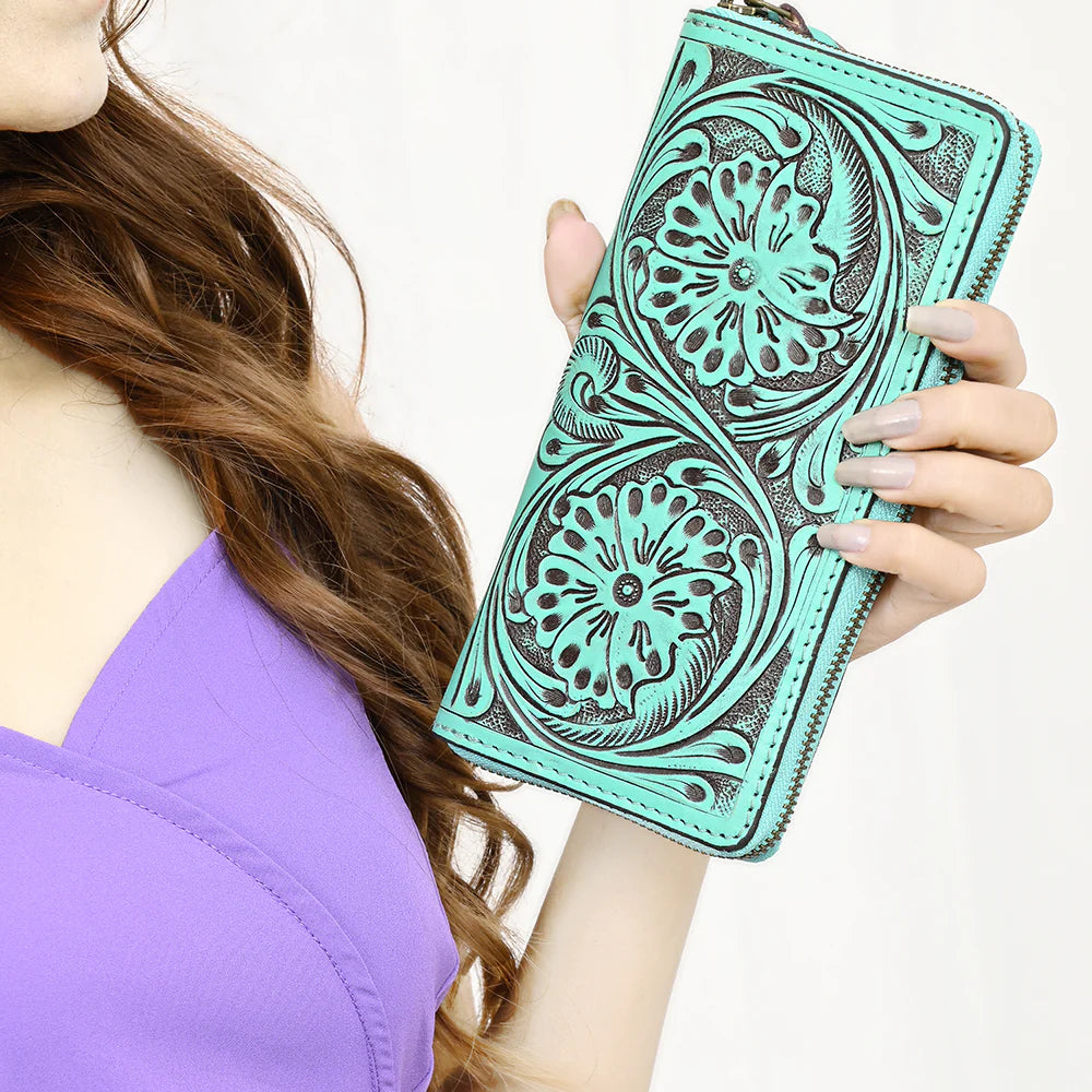 American Darling Leather Hand-Tooled Zip-Up Wallet - Turquoise