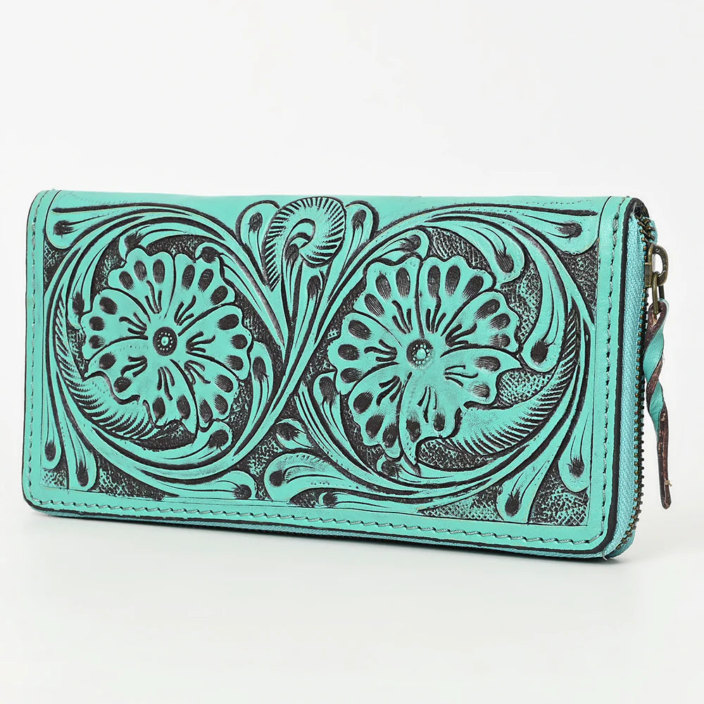 American Darling Leather Hand-Tooled Zip-Up Wallet - Turquoise