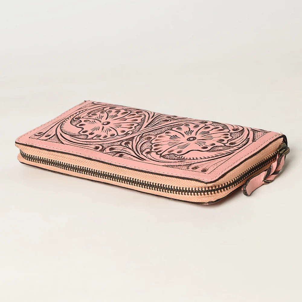 American Darling Leather Hand-Tooled Zip-Up Wallet - Light Pink