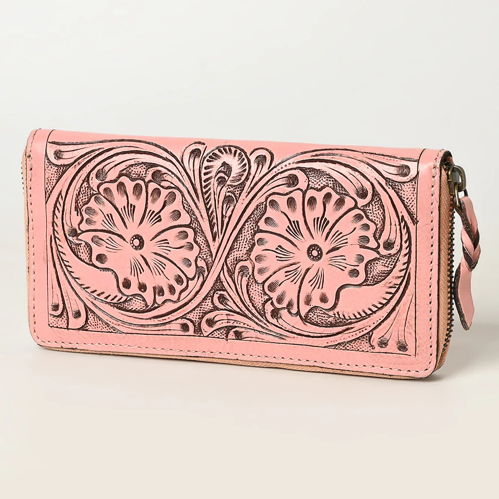 American Darling Leather Hand-Tooled Zip-Up Wallet - Light Pink