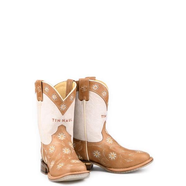 Tin Haul Little Kids Square Toe Daisy Dots Boots- Tan