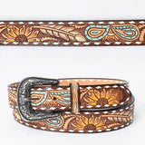 American Darling Women's Leather Hand-Tooled Belt -Sunflower and Feather Design
