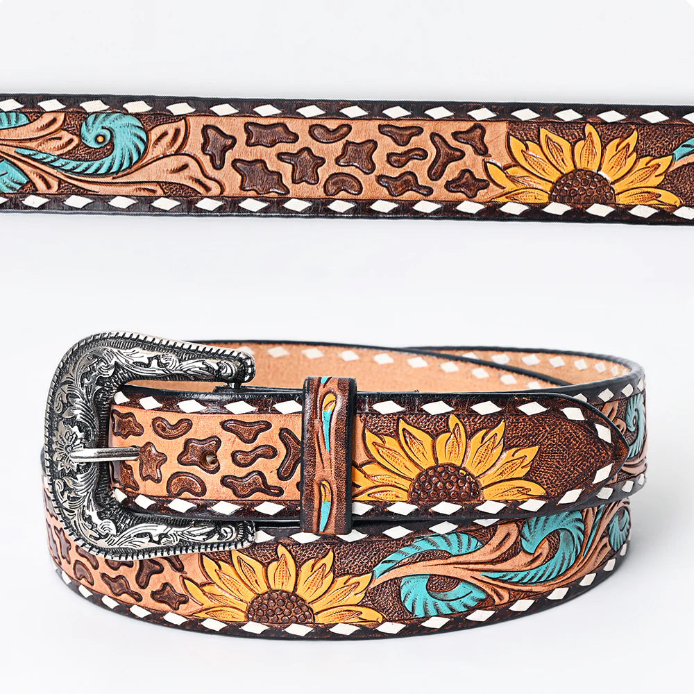 American Darling Women's Leather Hand-Tooled Belt - Cow Print, Sunflower & Turquoise Filigree