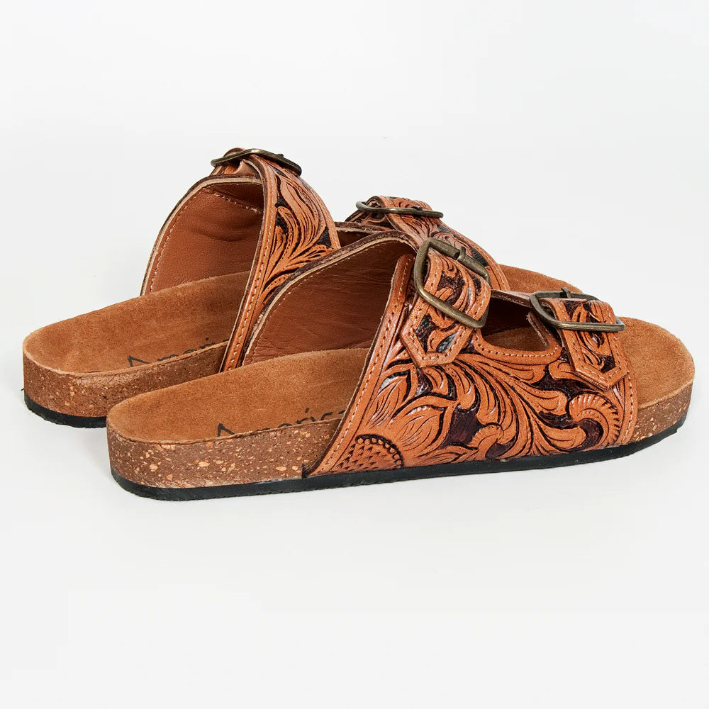 American Darling Women's Hand Tooled 2 Strap Leather Sandals - Tan