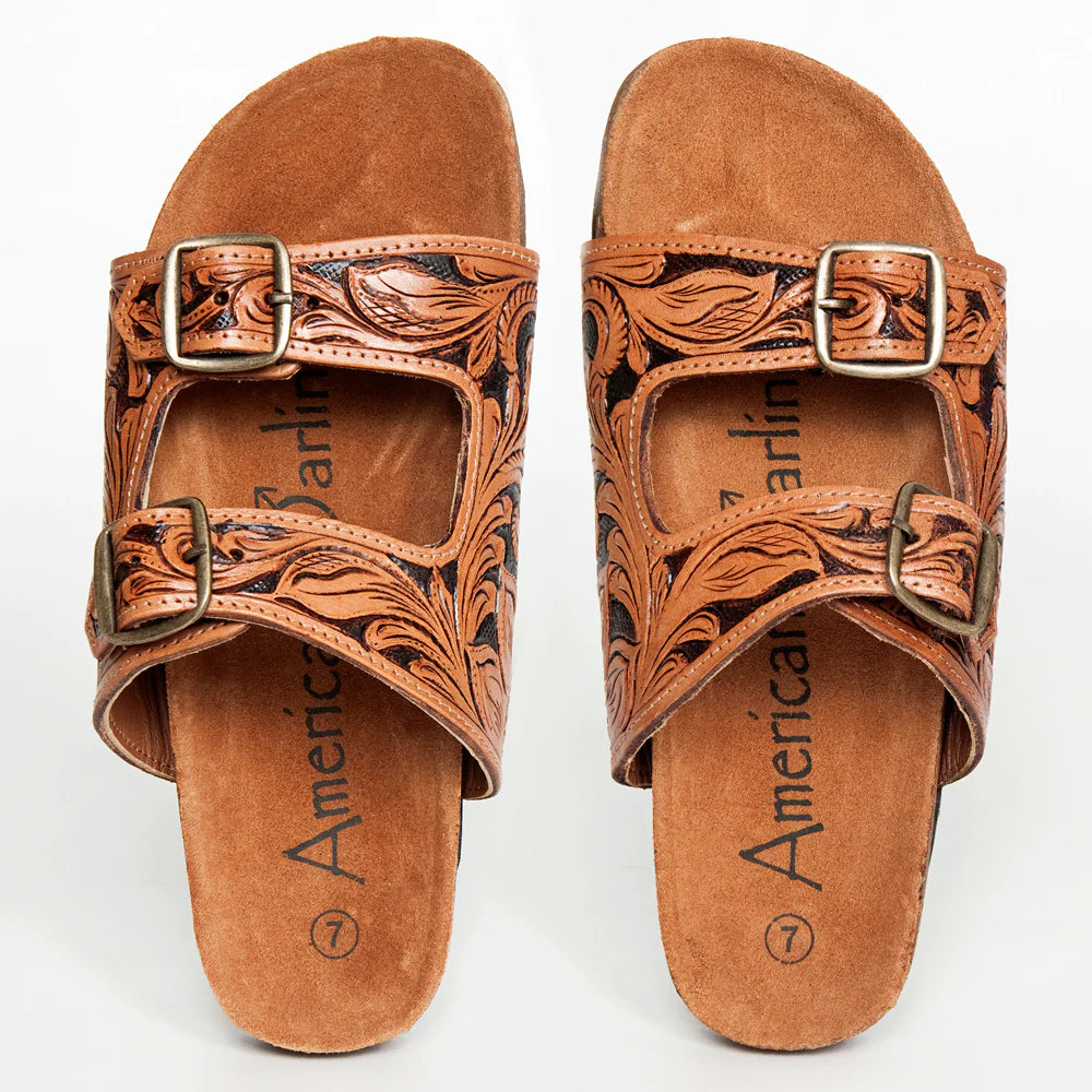 American Darling Women's Hand Tooled 2 Strap Leather Sandals - Tan