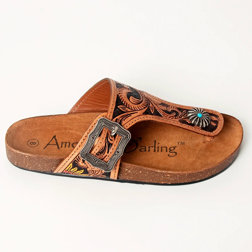 American Darling Leather Hand-Tooled Sandals - Antiqued Tan