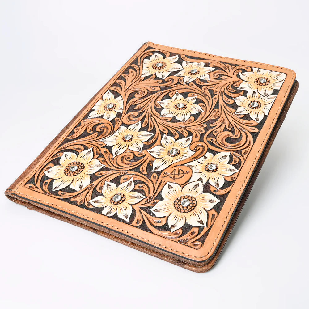 American Darling Leather Notebook Cover - Tan w/Cream Flowers