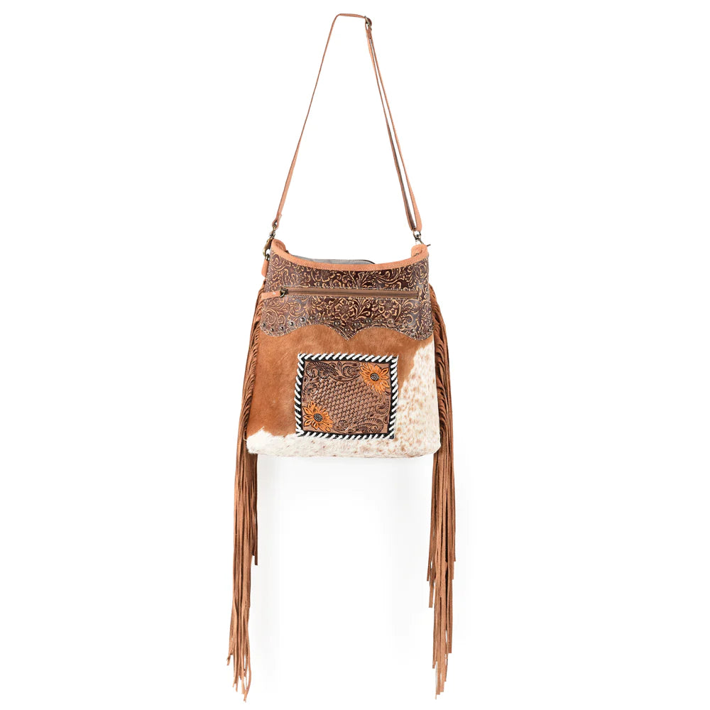 Ohlay Bags Hair-On Hand-Tooled Crossbody Purse - Brown/White