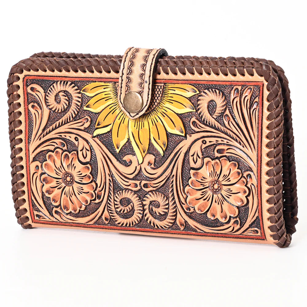 American Darling Women's Sunflower Floral Tooled Zip Wallet - Brown
