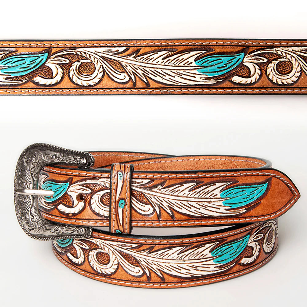 American Darling Women's Hand-Tooled Belt - White/Turquoise Feather Design - Brown