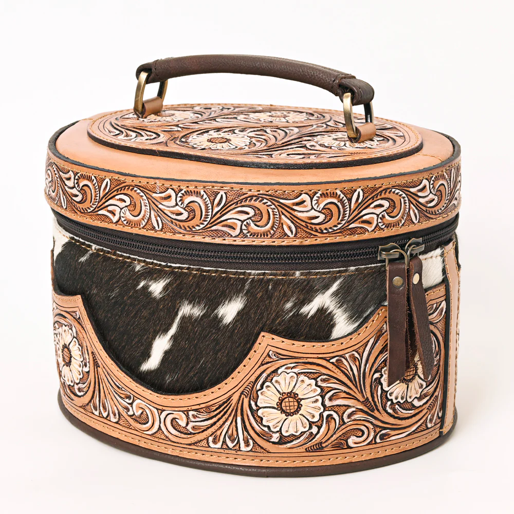 American Darling Round Tooled Jewelry Case w/ Hair On Hide