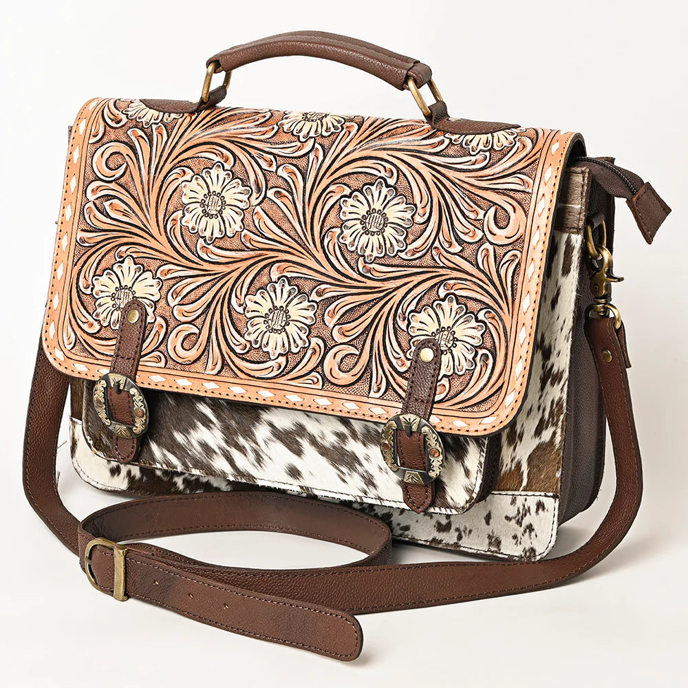 American Darling Hair-On Tooled Purse - Chocolate Brown/White