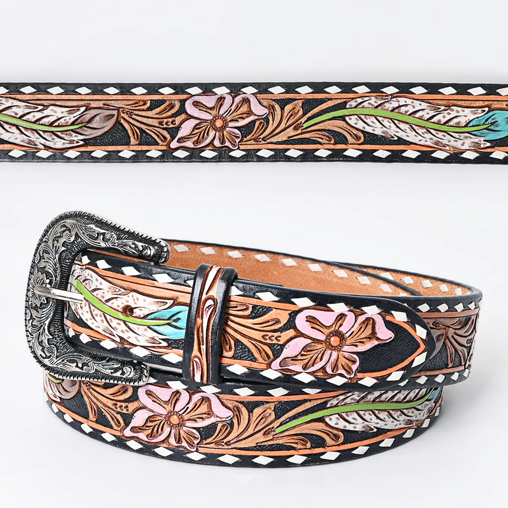 American Darling Women's Hand-Tooled Belt - Floral & Feather