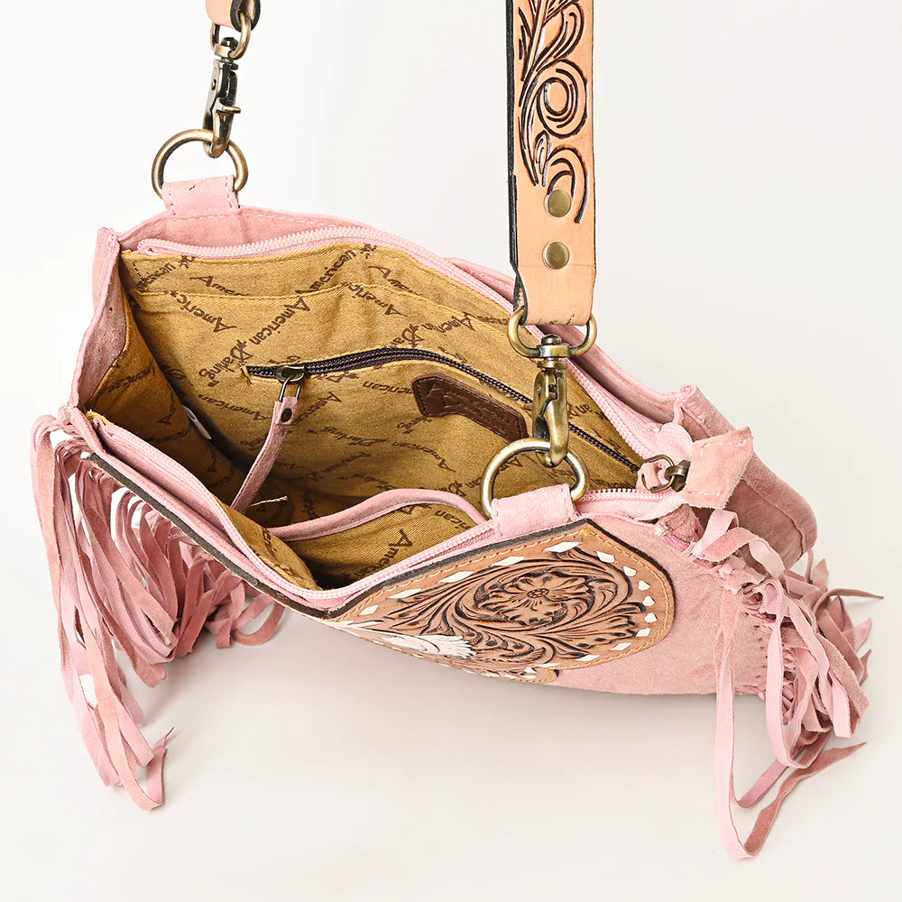 American Darling Suede Hand-Tooled Purse w/Fringe - Light Pink