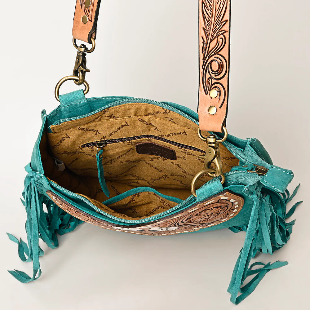 American Darling Suede Hand-Tooled Purse w/Fringe - Turquoise