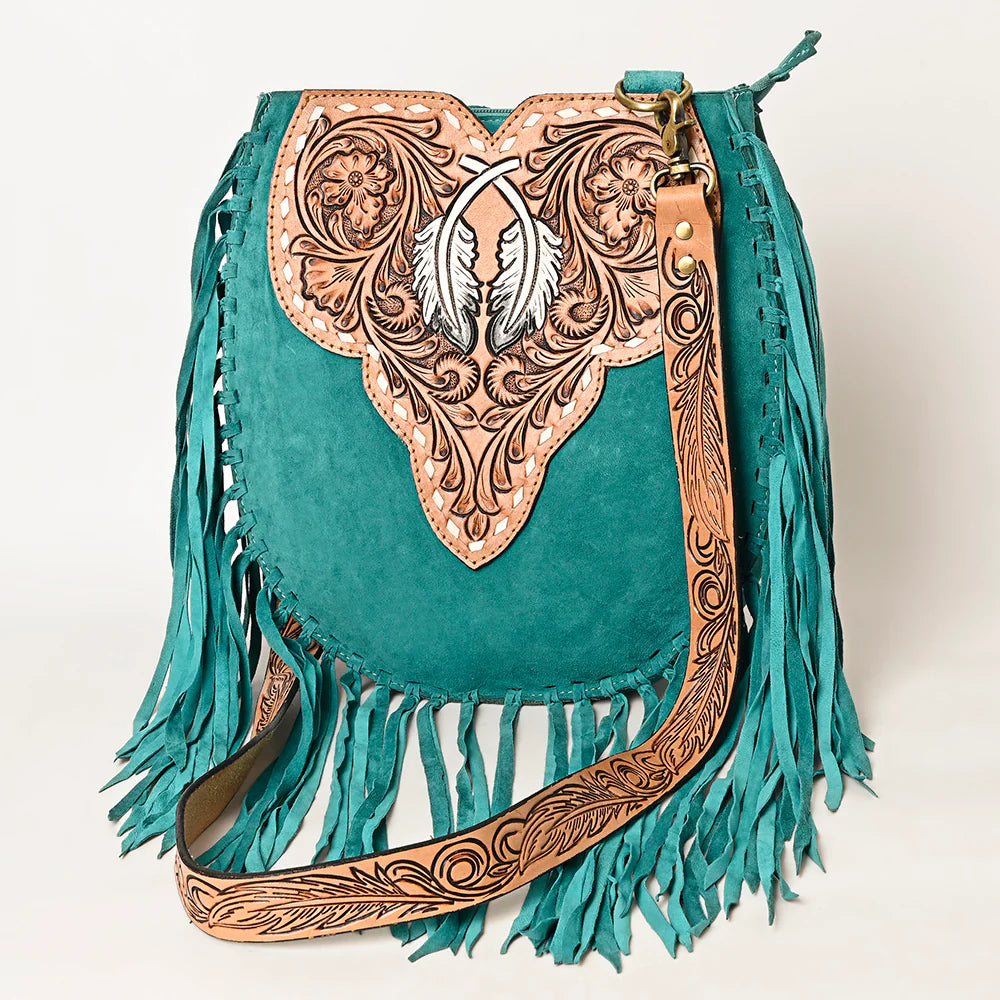 American Darling Suede Hand-Tooled Purse w/Fringe - Turquoise