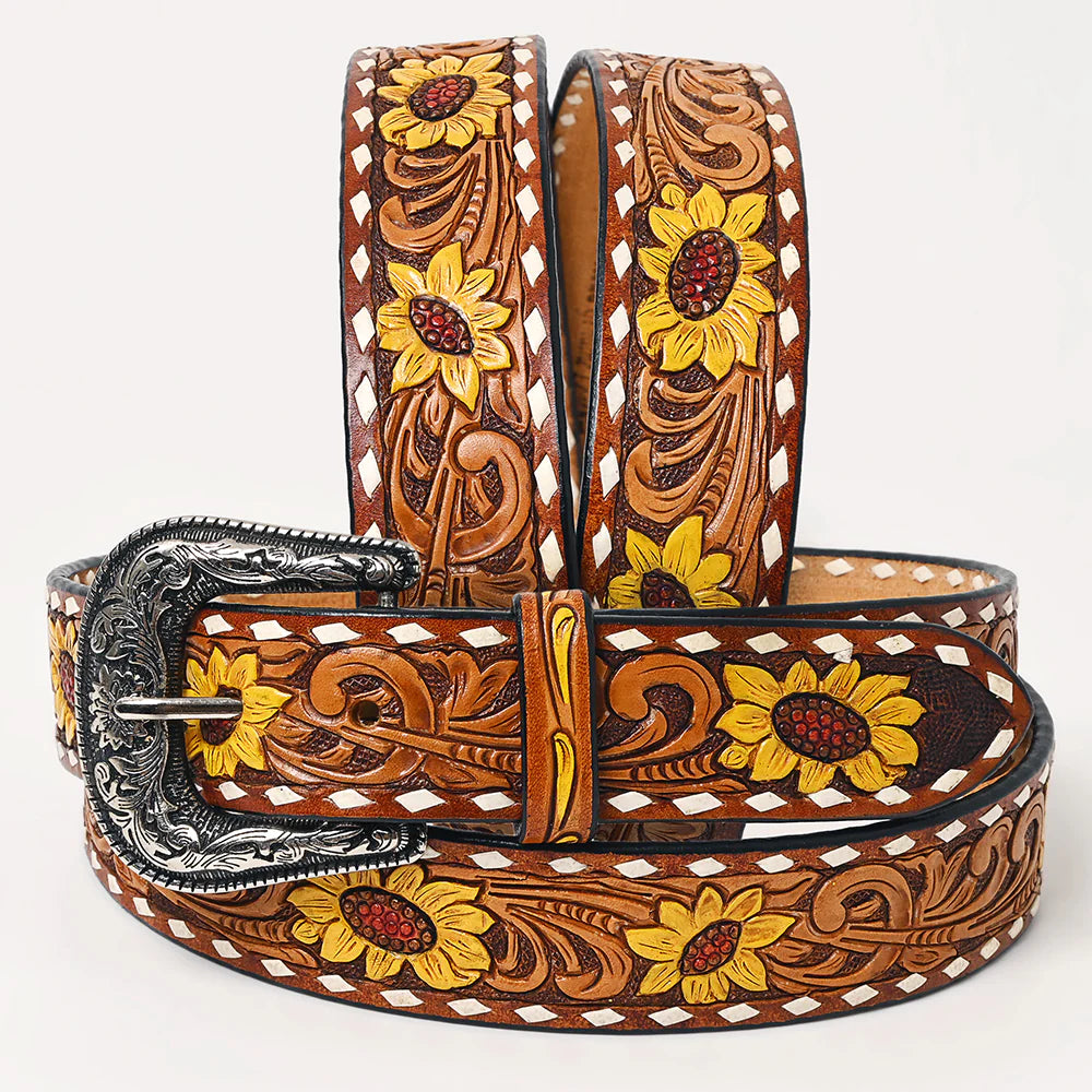 American Darling Women's Leather Hand-Tooled Belt - Sunflower Filigree w/Chocolate Inlay