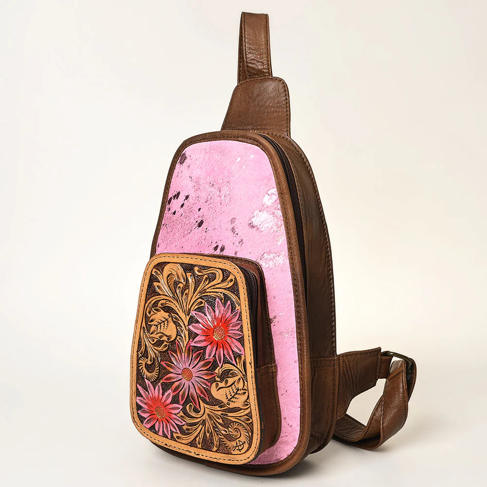 American Darling Hand-Tooled Hair-On Sling Backpack - Pink Metallic Splatter Cowhide