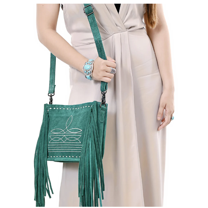 American Darling Crossbody Genuine Western Suede Leather Bag - Teal