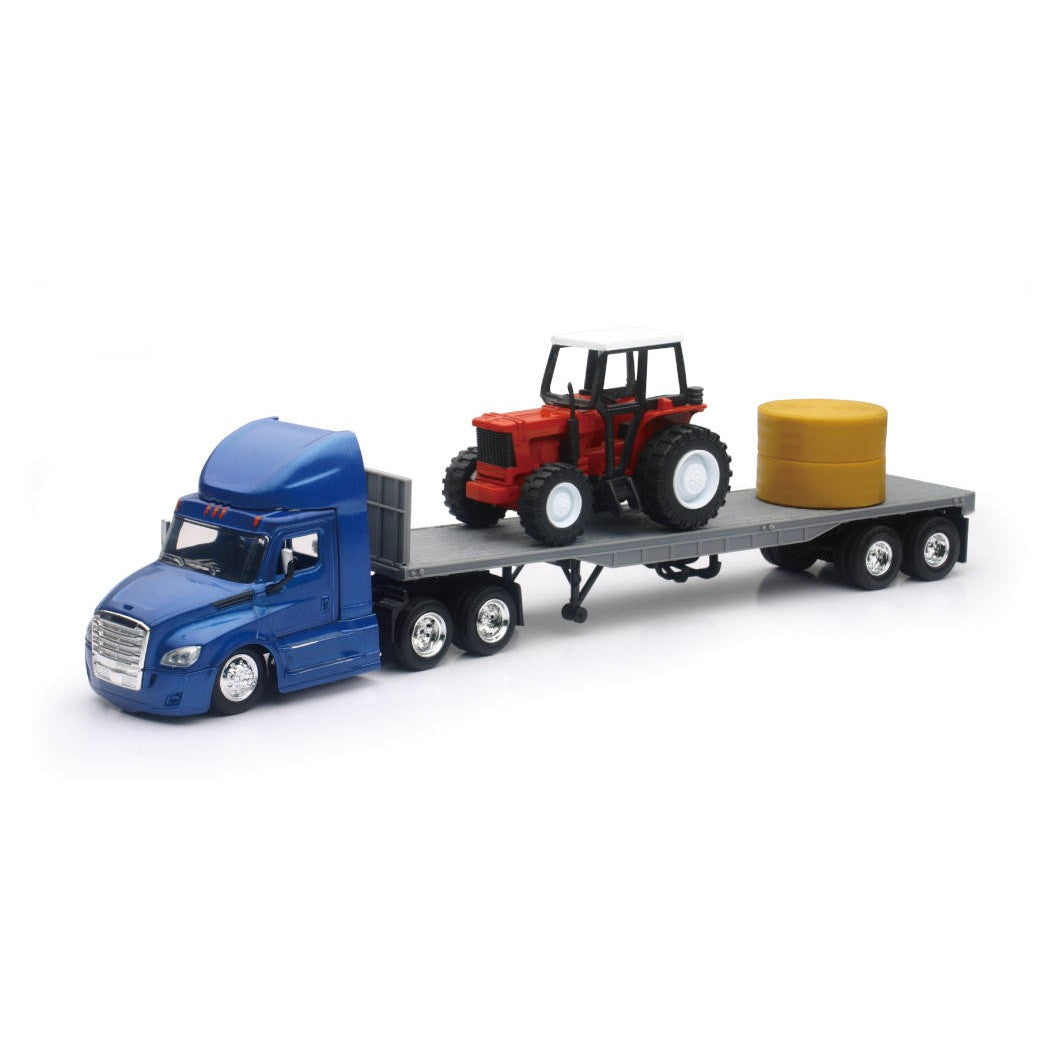 New-Ray Freightliner Cascadia Flatbed w/Farm Tractor Toy