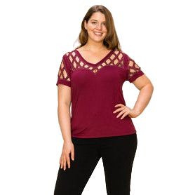 Women's Short Sleeve Top with Laser cut and Stones