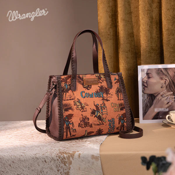 Wrangler Women's Vintage Retro Cowboy Cool Print Crossbody Purse - Dark Brown