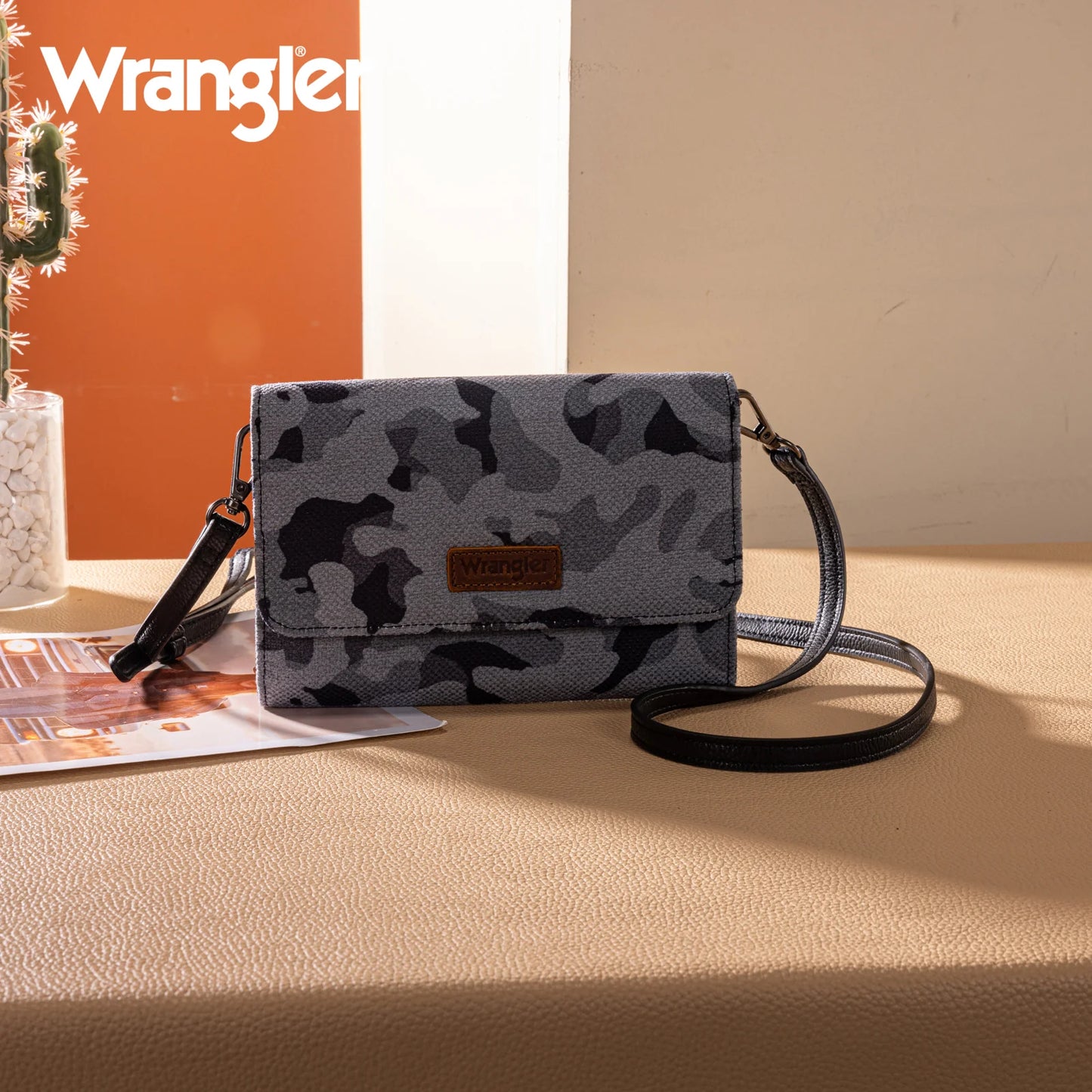 Wrangler Camo Print Canvas Clutch Crossbody Bag- Black